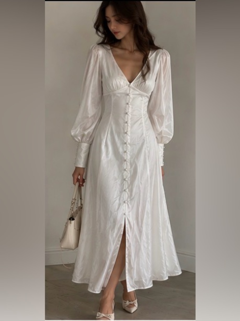 Cider White Satin V-Neck Long Sleeve Button-Front Dress - Picture 2 of 6